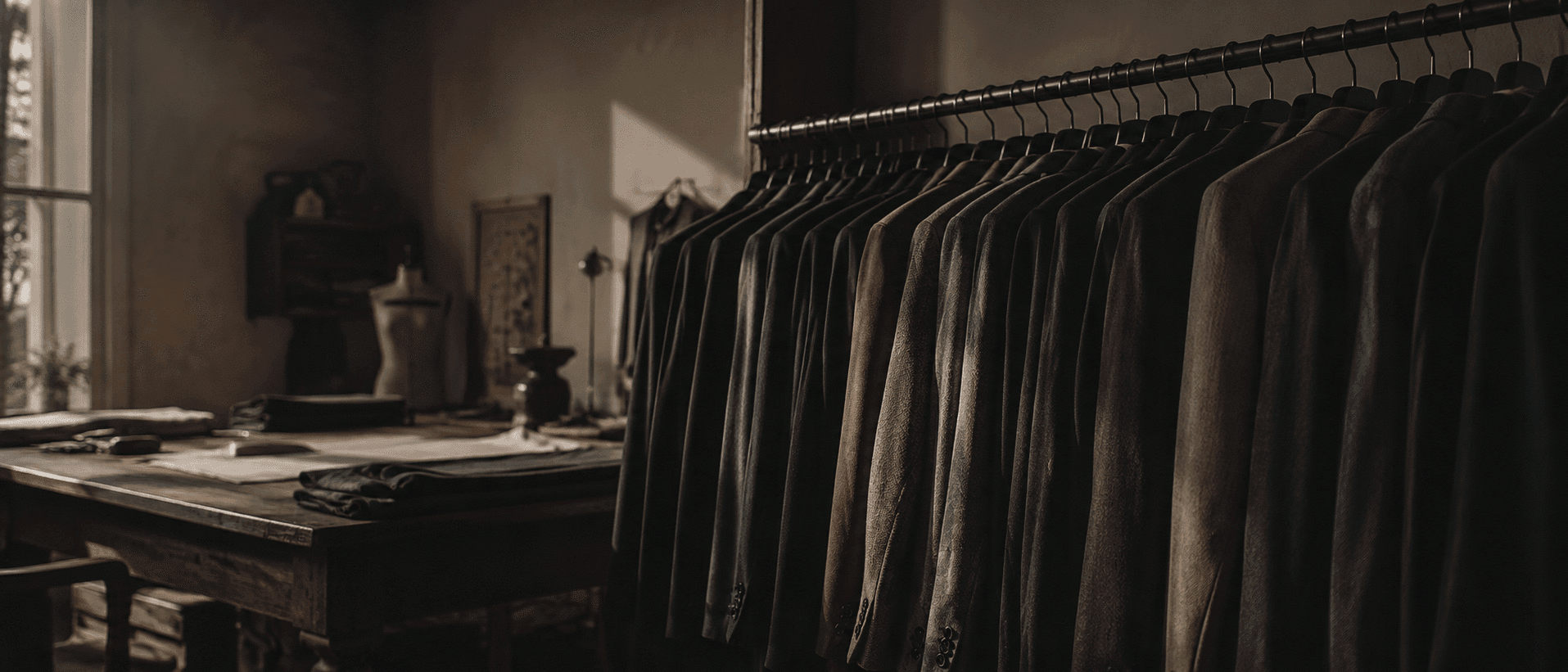 Interior da Alfaiataria Figueiredo, corredor com roupas penduradas